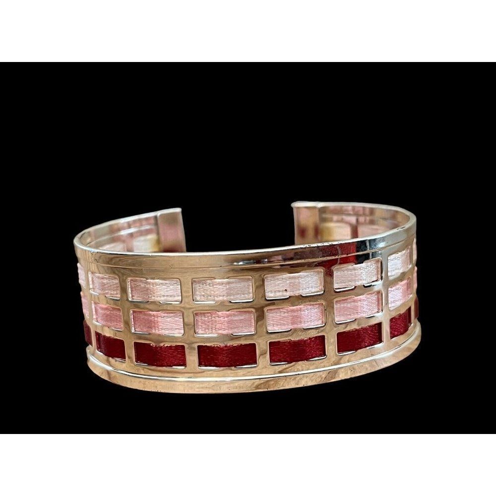 Silver Tone Cuff Bracelet Threaded Pink Mauve Ribbons One Size